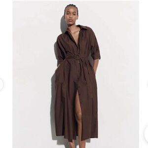 Zara Brown Puff Sleeve Belted Midi Shirt Dress S Old Money Preppy Classic